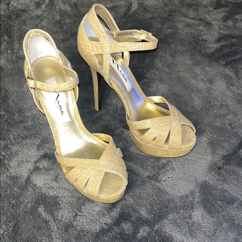 NINA Glittery Golden Strappy 4.5 Inch Heels